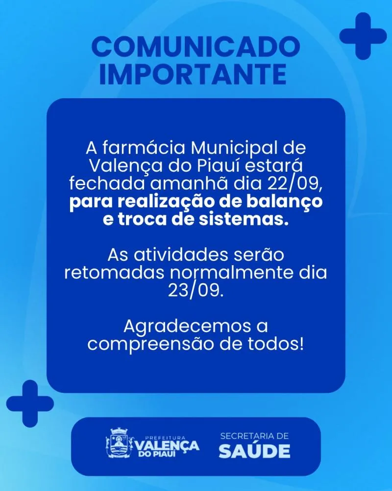 Atenção: Farmácia Municipal de Valença terá atendimento suspenso nesta terça-feira (22) 