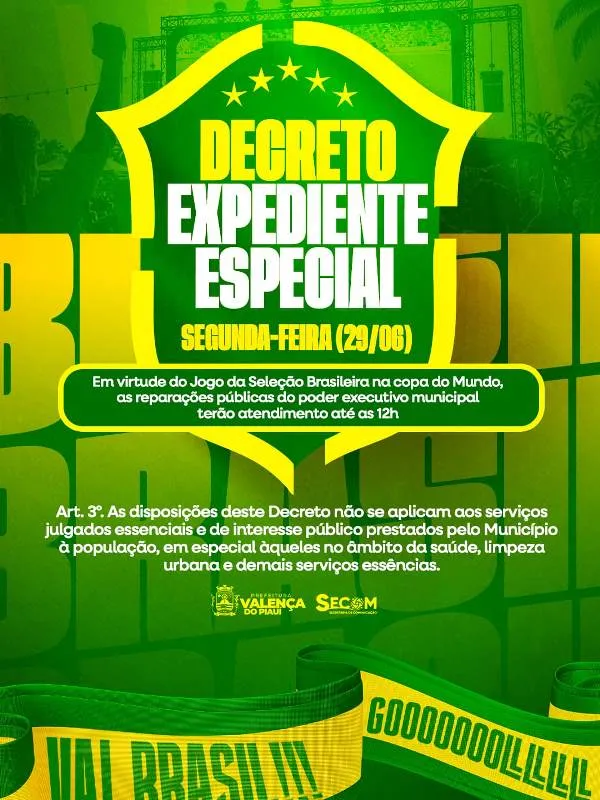 Copa do Mundo 2026: Prefeito Marcelo Costa decreta expediente reduzido em Valença do Piauí nesta segunda-feira (29)