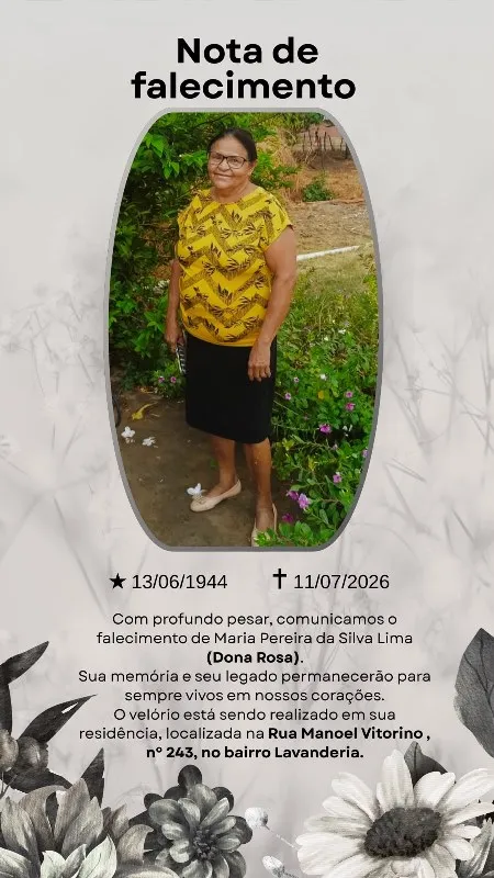 LUTO - Nota de Pesar; Servidores da Secretaria Municipal de Saúde - SMS de Valença do Piauí usaram as redes sociais para  manifestarem profundo pesar pelo falecimento de (Dona Rosa)