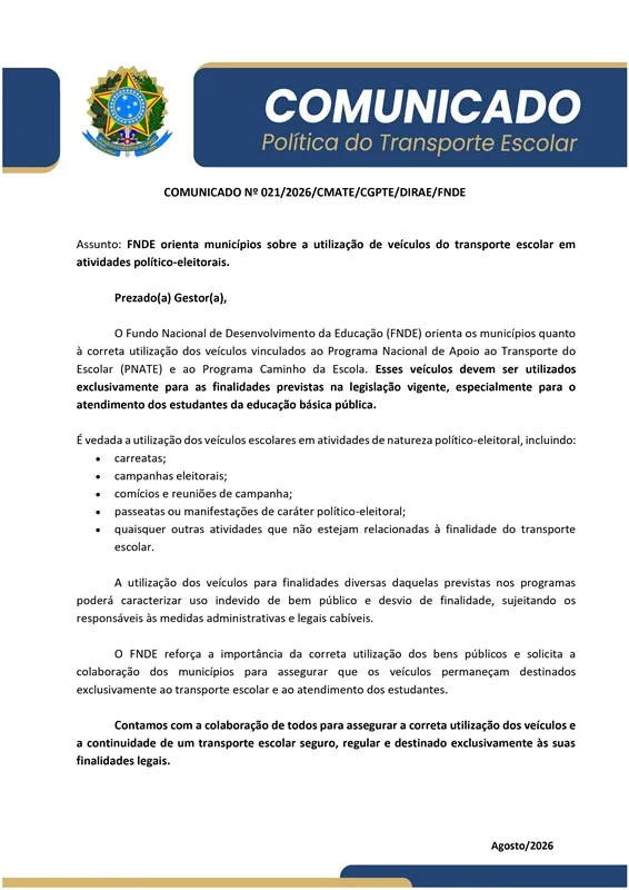 FNDE faz alerta aos municípios sobre proibição de ônibus escolares em campanhas e carreatas